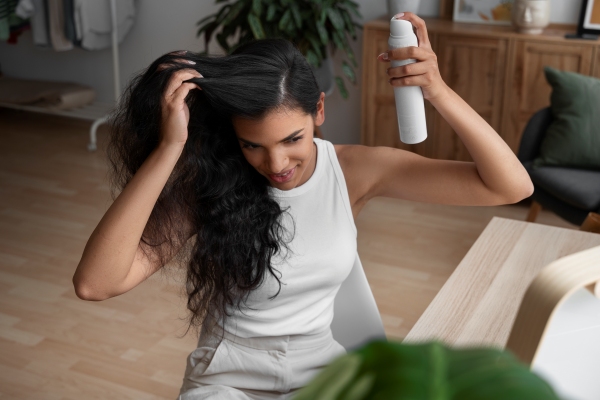 evitar la caída del cabello - mujer joven aplicando un tratamiento en spray para el cuidado del cabello buscando evitar su caída