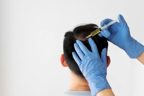 hombre de espaldas en la consulta recibiendo un tratamiento para la caída del cabello en forma de inyección