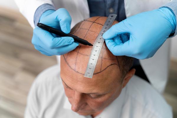 Implante capilar 10 años después - Doctor realizando el diseño del trasplante capilar a un paciente con alopecia, para determinar la cantidad de folículos pilosos que debe implantar