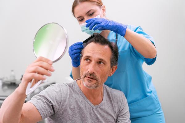 Evolución de implante capilar día a día - Doctora evaluando la evolución del trasplante capilar en un paciente masculino, luego de varios días de haber realizado el injerto