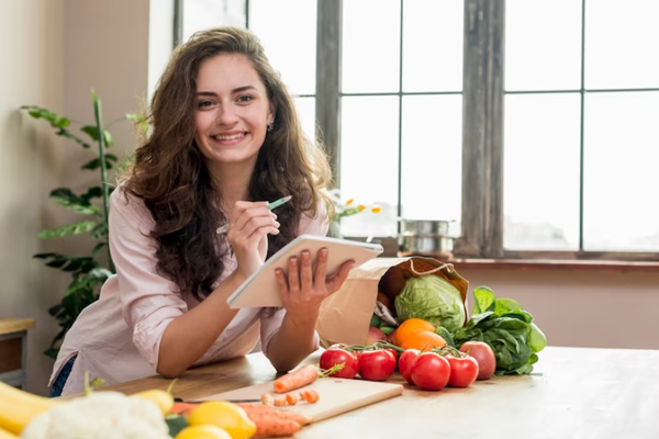 Mujer anotando las recetas que puede hacer con alimentos saludables, los cuales ayudan a fortalecer el cabello