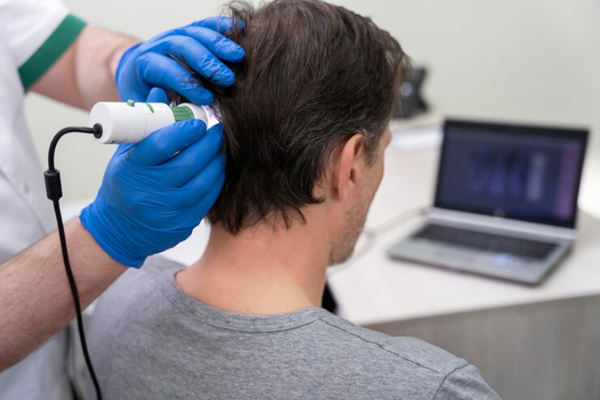 Doctor realizando un tratamiento con láser capilar a un paciente masculino, para estimular el crecimiento del cabello
