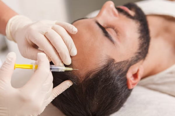 Especialista realizando un tratamiento de mesoterapia capilar a un paciente masculino, con el objetivo de estimular el crecimiento del cabello