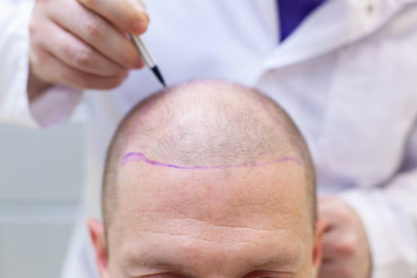 Doctor realizando el boceto del trasplante de cabello a un paciente masculino, para evaluar la cantidad de injertos capilares que se necesitan para tratar la calvicie