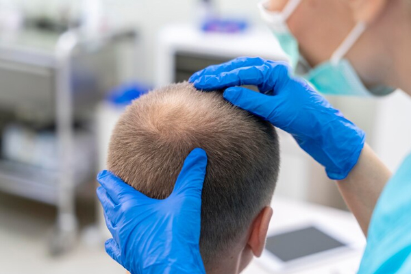 Precio del injerto capilar en la coronilla - Tricólogo examina con detenimiento distintos puntos en el cuero cabelludo de un paciente con pérdida de cabello