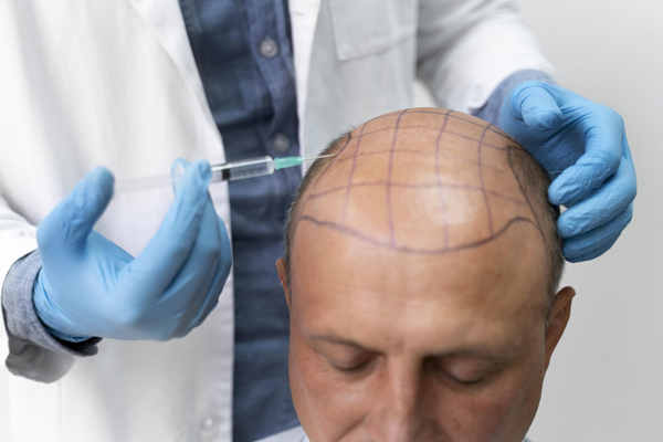 Anestesia en el injerto capilar - Tricólogo aplicando una inyección con anestesia en el cuero cabelludo para realizar el injerto de cabello a un hombre con alopecia