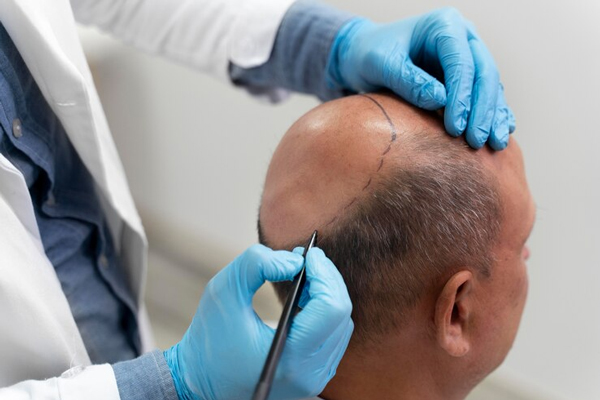 Precio del injerto capilar en la coronilla - Cirujano capilar traza líneas guía sobre la zona occipital de la cabeza como paso previo a un trasplante de cabello en la zona