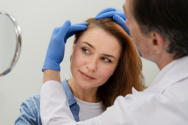 Doctor evaluando la evolución del implante de cabello en una paciente femenina, para asegurarse que todo marcha de manera exitosa