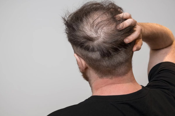 Precio del injerto capilar en la coronilla - Caballero de camisa negra muestra el avance de sus claros en la parte posterior de la cabeza como parte de los estragos de la alopecia
