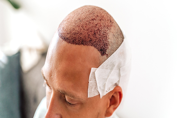 Implante capilar infectado - Hombre con vendas en la parte posterior de la cabeza entra en la fase de recuperación postoperatoria tras un trasplante de cabello