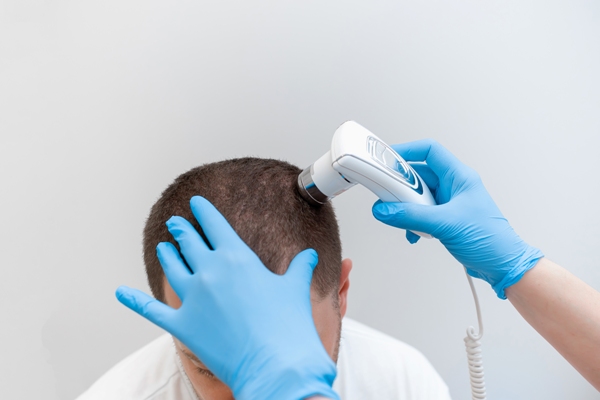 hombre en la consulta de la especialista recibiendo un tratamiento con laser para mejorar su salud capilar
