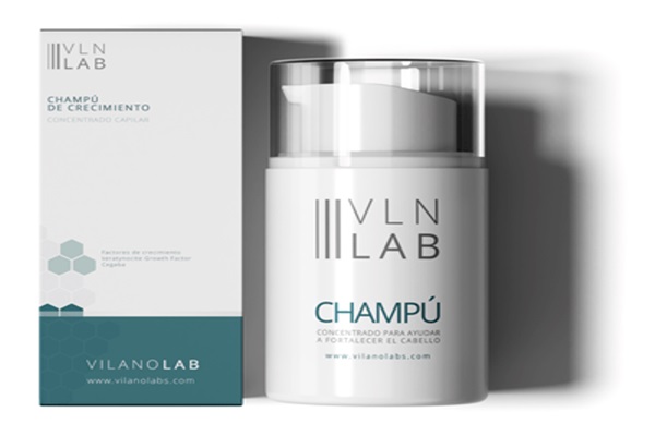 Kit para el cuidado del cabello - Imagen del champú Vilanolabs, el cual ayuda a estimular el crecimiento capilar