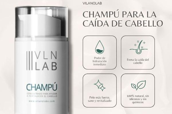 Imagen de las características del champú Vilanolabs, el cual frena la caída del pelo e hidrata la hebra capilar