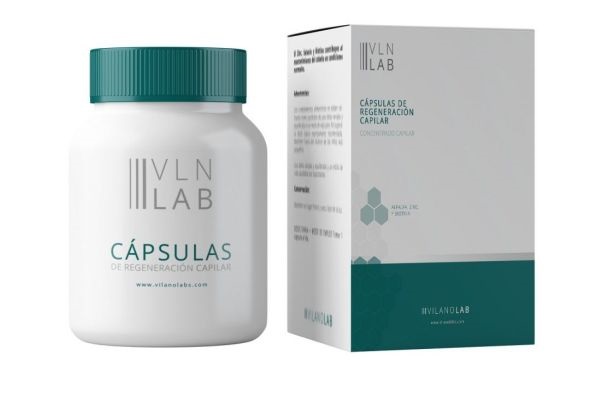 Imagen de las cápsulas Vilanolabs, las cuales poseen vitaminas, minerales e ingredientes naturales que estimulan el crecimiento capilar