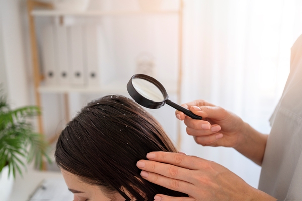Aceite de coco en el pelo - mujer revisando la caspa del cabello de otra mujer