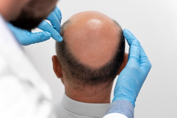 Coronilla despoblada - Médico especialista revisando la calvicie en la coronilla de un paciente masculino, para determinar las causas de la pérdida de cabello