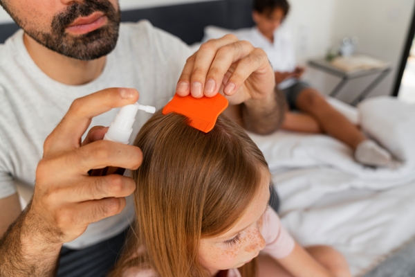 hombre pasando la lendrera por el cabello de su hija al tiempo que usa un spray