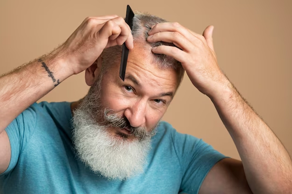 Cómo envejece nuestro pelo - Hombre con canas peinando su cabello envejecido por el paso de los años