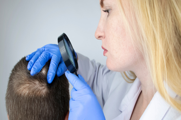 Médico especialista evaluando el cuero cabelludo de un paciente masculino, para determinar las causas de la pérdida de cabello