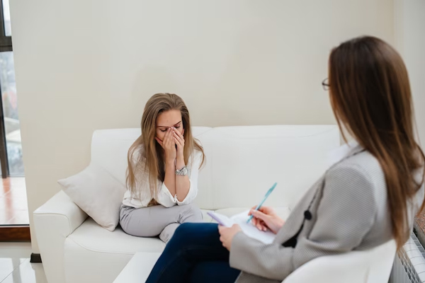 Salud mental - mujer sentada en el sofá con las manos en la cara hablando con la psicóloga