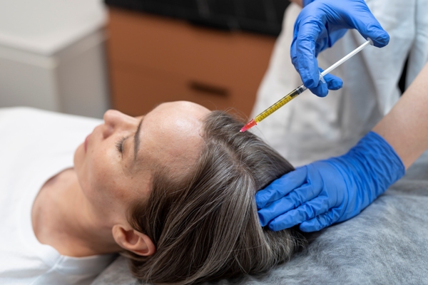 Mesoterapia capilar - mujer en la consulta de la especialista recibiendo una inyección de este tratamiento en el cuero cabelludo