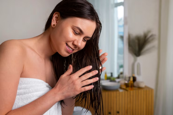 Agua de arroz para el pelo - Joven aplica tratamiento capilar para estimular el crecimiento y la hidratación de su cabello