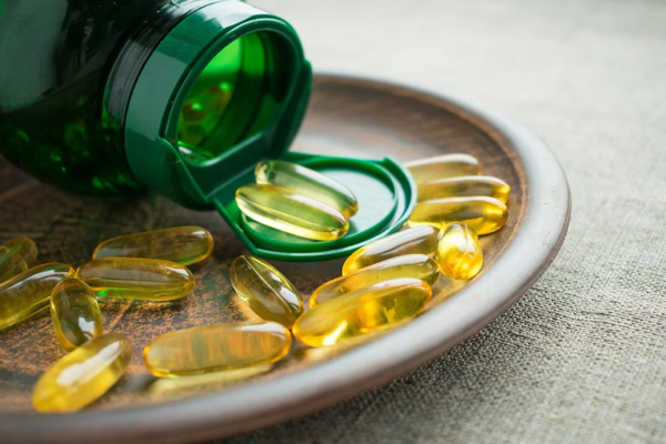 Biotina - Frasco de vitamina H abierto con cápsulas ligeramente dispersas sobre un plato