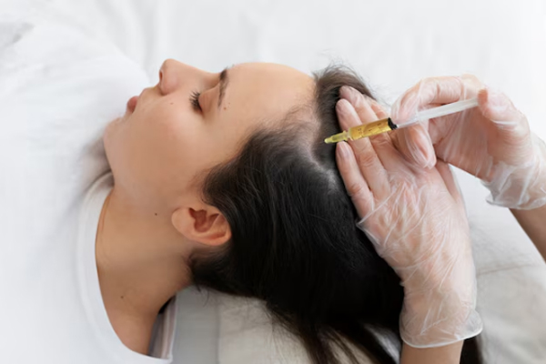Joven relaja su cabeza durante una sesión de carboxiterapia capilar para frenar la caída del cabello