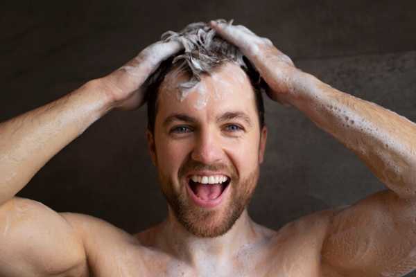 Champús para crecer el pelo - Hombre de ojos claros feliz aplicándose champú sobre el cabello