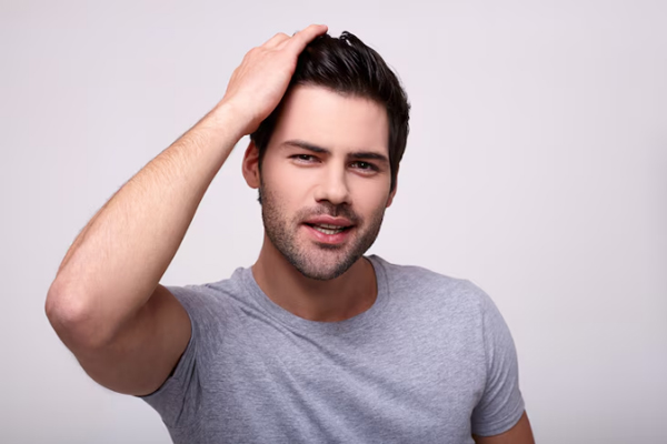 Champús para estimular el crecimiento del cabello - Joven atractivo se muestra orgulloso con la recuperación paulatina de su melena