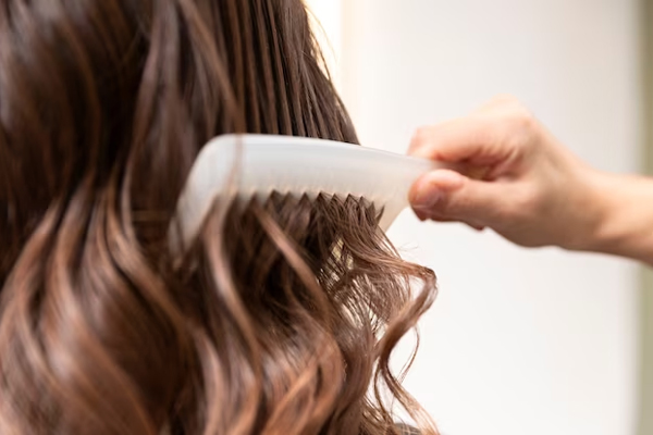 Keratina - Mujer cepilla la extensión de una cabellera lisa para darle un aspecto más sutil y natural a las ondas 