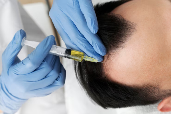 Paciente con entradas en la sien recibe tratamiento de plasma rico en plaqueta para contrarrestar los efectos de la alopecia