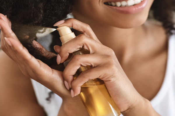 Mujer aplicando un protector solar capilar para proteger el cabello de los rayos UV