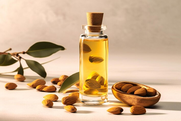 Aceite de argán - Pequeño frasco de vidrio con oro líquido concentrado y almendras de argán alrededor