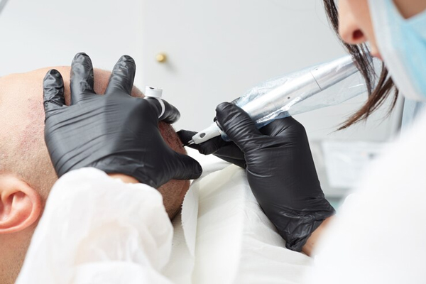 Tricopigmentación - Esteticista aplica procedimiento estético para mitigar los signos visibles de la alopecia en el cuero cabelludo