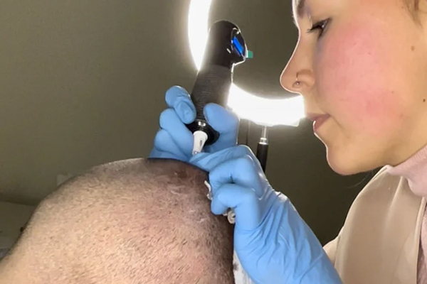 Tricopigmentación - Especialista en micropigmentación capilar trabaja sobre el cuero cabelludo de un cliente