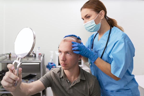 Técnica FUT/FUSS - Doctora realizando el boceto en la cabeza del paciente, donde se hará el implante de cabello con la técnica FUT/FUSS