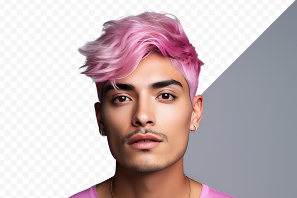 Hombre usando una peluca de color rosado para cambiar su look y disimular la alopecia