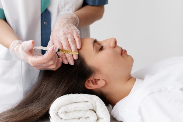 Mujer tumbada en una camilla recibiendo un tratamiento para mejorar la salud de su cabello