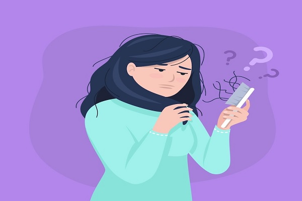 Fases de crecimiento del pelo - Ilustración de una mujer angustiada con cepillo en mano y abundante desprendimiento de cabello