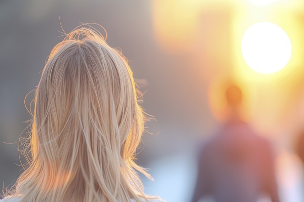 El sol daña el cabello - Mujer observando el atardecer mientras los rayos UV impactan en su cabello, lo cual hace cambiar el color de su pelo
