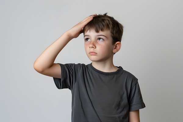 Alopecia en niños - Niño pensativo tocando su cabello liso y brillante