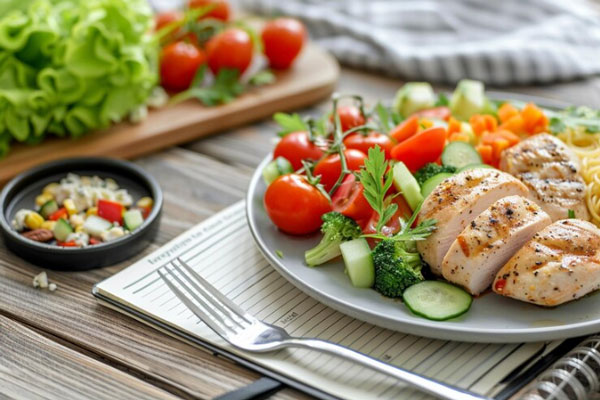 Shock loss tras injerto capilar - Plano detalle de un plato de pechuga de pollo con pasta y ensalada