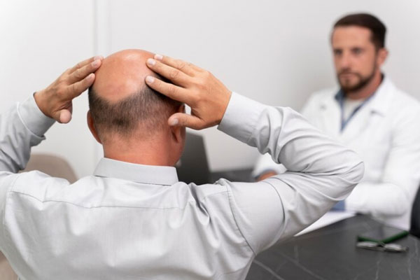 Rechazo del injerto capilar - Hombre con alopecia en la coronilla consulta a un especialista para conocer los pro y los contra de un trasplante de cabello 