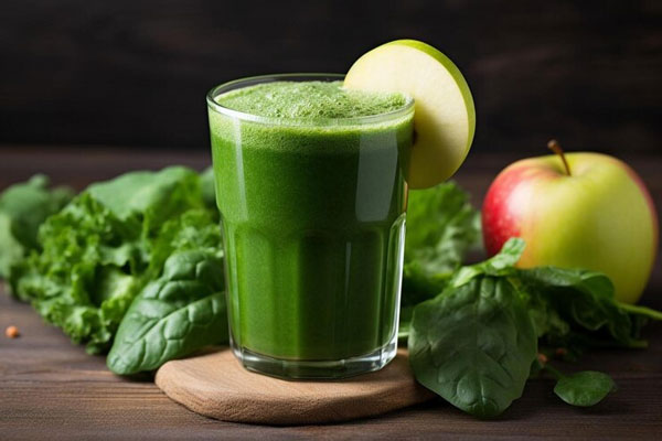 Vaso de jugo verde a base de espinaca, lechuga y manzana