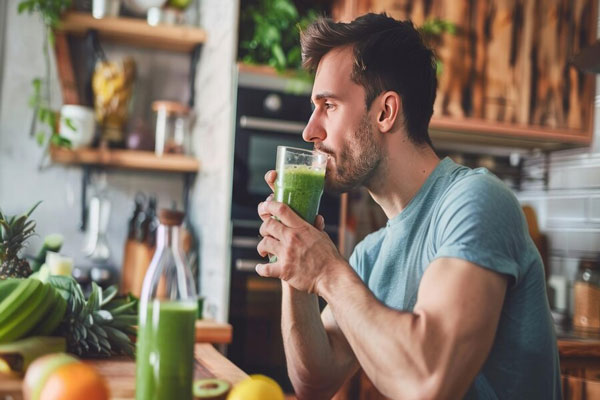 Hombre joven y saludable toma un licuado verde en casa