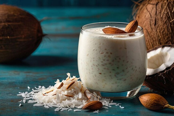 Batido de coco con almendras en un vaso de vidrio