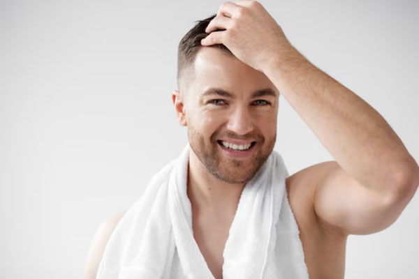 Hombre sonriente pasa la mano por su cabello