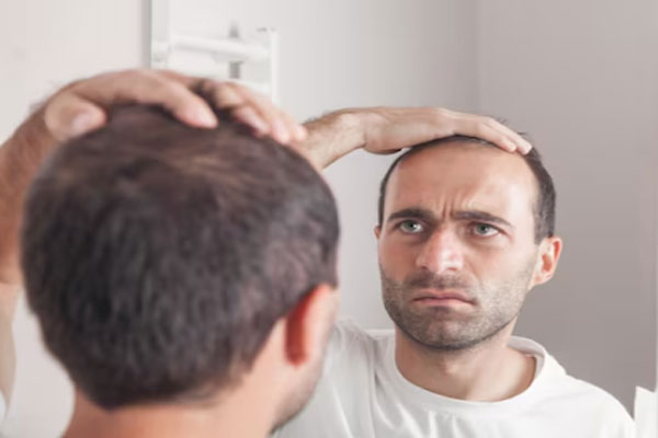 Hombre con principios de calvicie se mira al espejo con preocupación