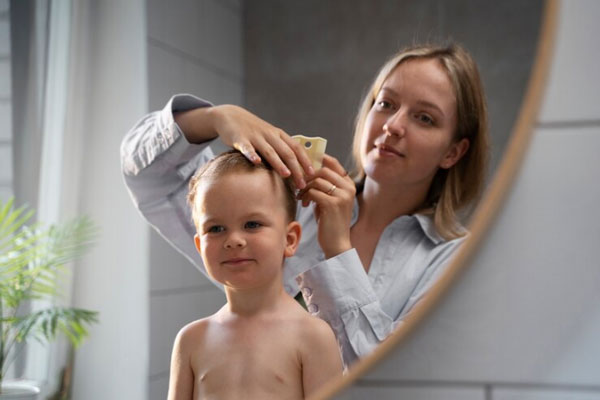 Madre cepilla el cabello de su hijo frente al espejo